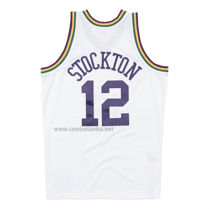 Camiseta Utah Jazz John Stockton NO 12 Mitchell & Ness 1991-92 Blanco